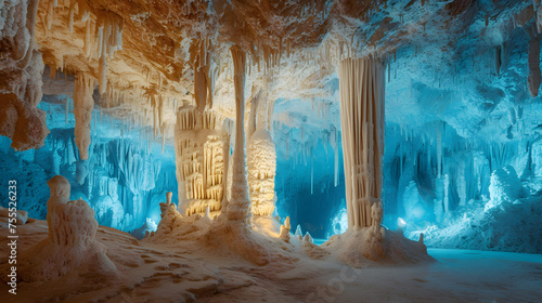 Illuminated cave formations with stalactites and stalagmites background