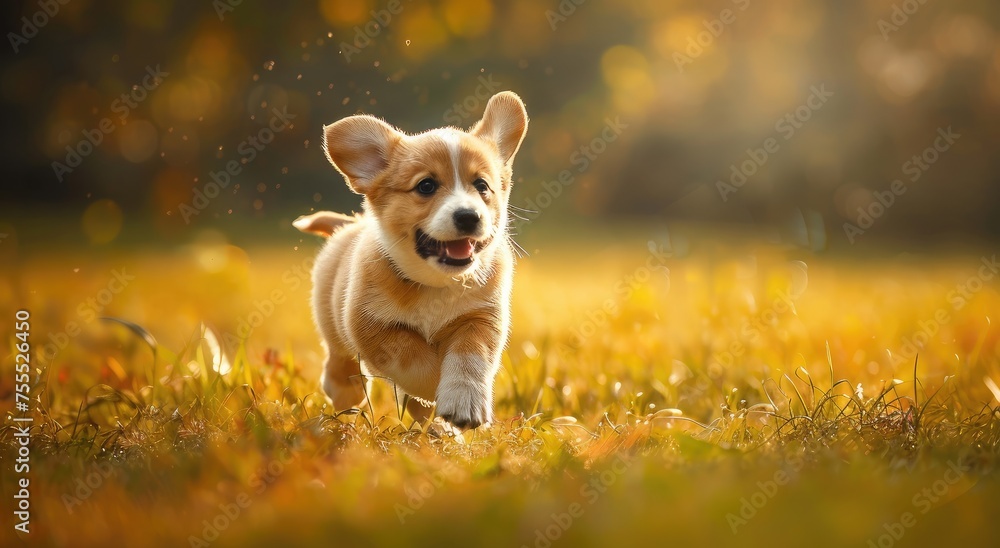 Golden Glee: Delightful Corgi Puppy Sprinting Through an Autumn Meadow - Generative AI