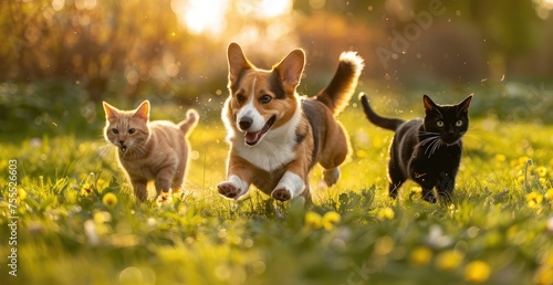 Harmony in Motion: Corgis and Shiba Inus Enjoying Playtime with Feline Friends - Generative AI