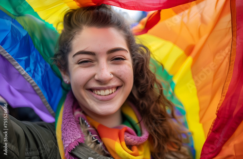 Happy and smiling girl with the LGTBIQ flag in the background.  photo