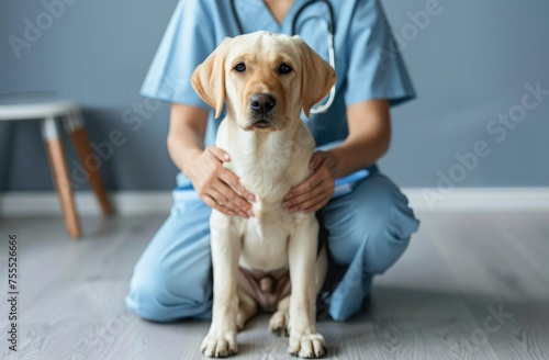 Cheerful Labrador Enjoys a Loving Check-Up from a Smiling Veterinarian - Generative AI
