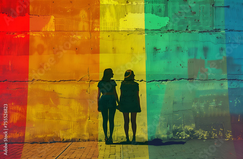 The silhouette of two women on the LGTBIQ flag.  photo