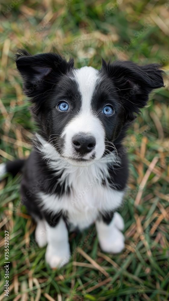 Inquisitive Border Collie Puppy with Striking Blue Eyes in Grass - Generative AI