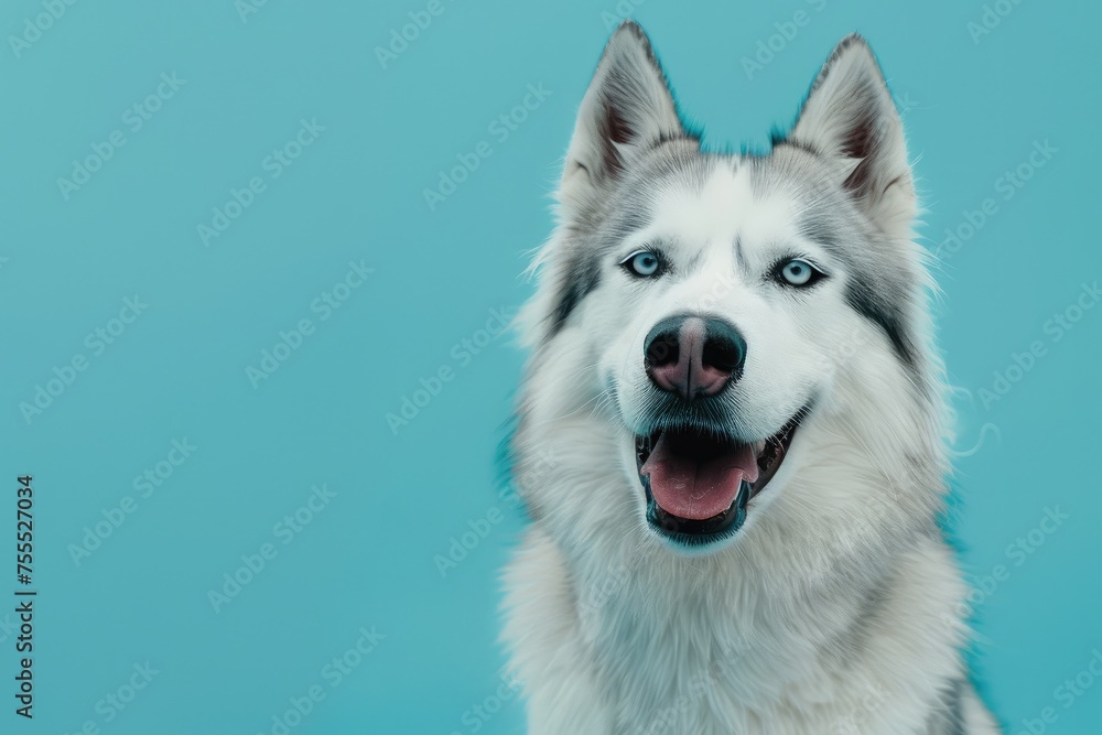 Cheerful Siberian Husky with Mesmerizing Blue Eyes on Teal - Generative AI