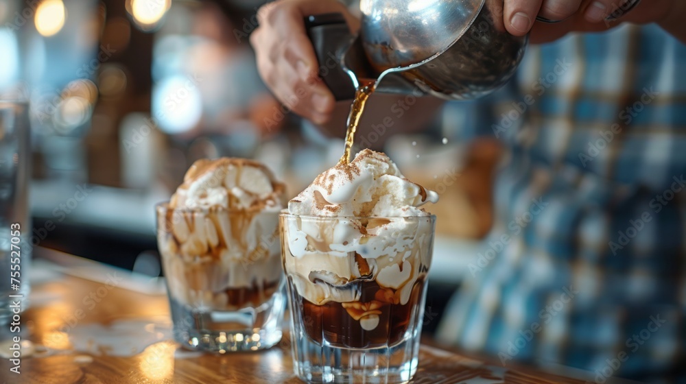 Obraz premium Affogato Pouring Over Vanilla Ice Cream in a Stylish Cafe. Italian Elegance