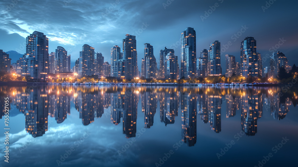Reflections of city skylines in bodies of water background