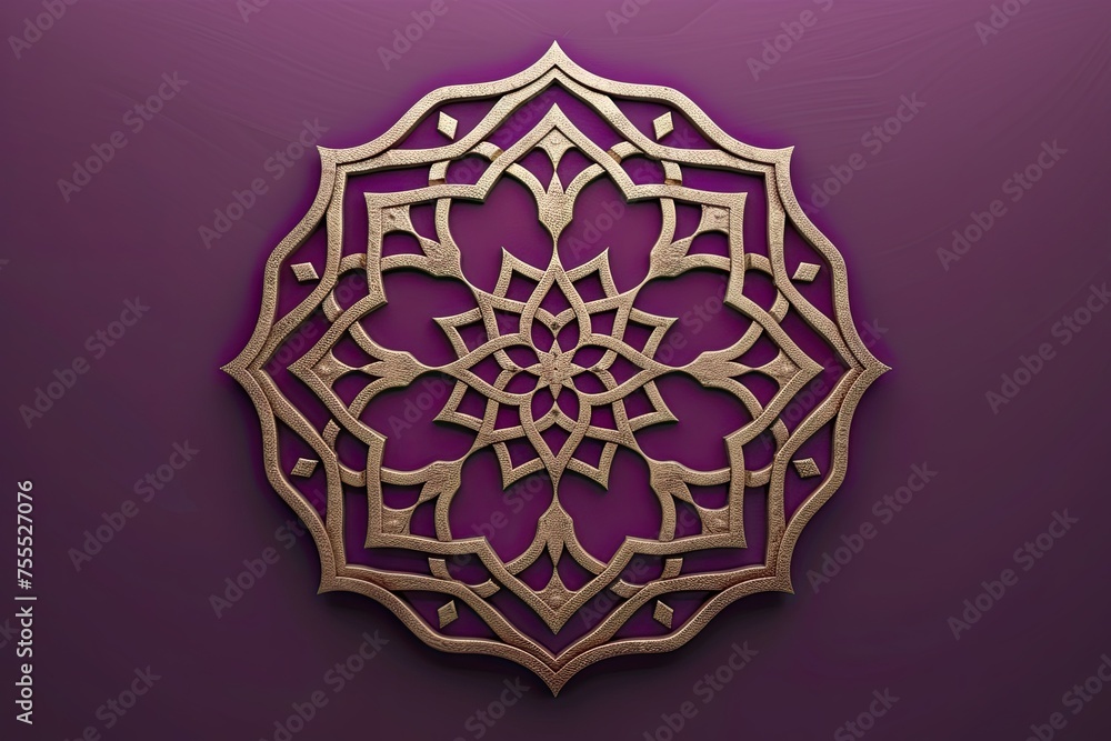 burgundy and beige islamic octagonal ornament with curved pattern on purple background 