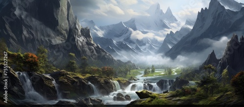 A detailed painting showcasing a mountain scene with a majestic waterfall cascading down the rocky cliffs. The rushing water creates a dynamic focal point amidst the rugged landscape of the mountains.