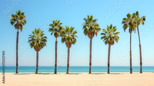 Palm trees lining a sandy beach under a clear sky background