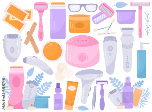 Body hair removal tools equipment, cosmetics supply and appliance set for salon and home procedure