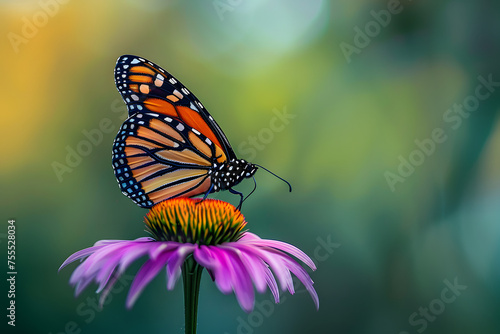 photorealistic monarch butterfly on a purple coneflower f/5.6 sunny day blurred green background © Prasanth