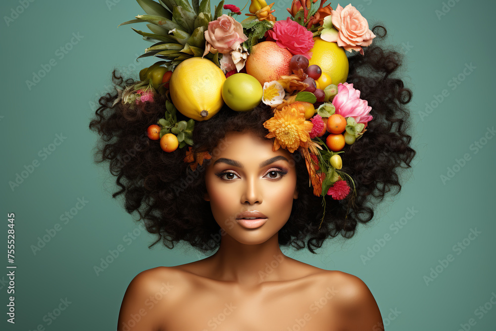 portrait of beautiful black woman with afro hair made of tropical fruits and flowers, artistic composition portrait of beautiful black woman with afro hair made of tropical fruits and flowers, artistic composition