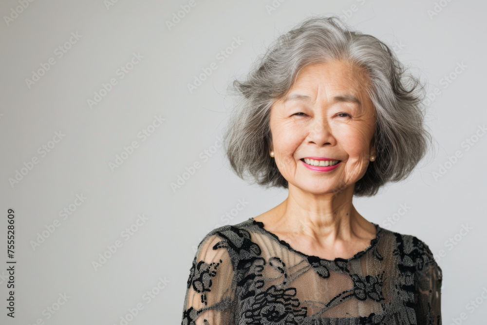 Portrait of old healthy, cheerful beautiful senior Asian woman smiling and looking at camera with white background. Happy aging society, retirement and senior healthcare concept Portrait of old healthy, cheerful beautiful senior Asian woman smiling and looking at camera with white background. Happy aging society, retirement and senior healthcare concept