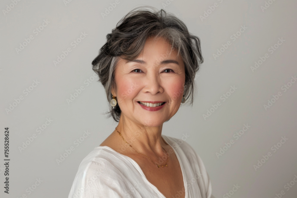 Portrait of old healthy, cheerful beautiful senior Asian woman smiling and looking at camera with white background. Happy aging society, retirement and senior healthcare concept Portrait of old healthy, cheerful beautiful senior Asian woman smiling and looking at camera with white background. Happy aging society, retirement and senior healthcare concept
