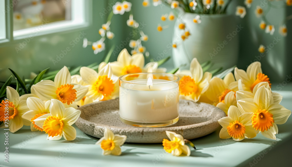 Composition with Scented Candle in Bowl Surrounded by Yellow Daffodils Flowers and Spring Blossom Twigs.Celebration spring holiday Easter, Spring Equinox Composition with Scented Candle in Bowl Surrounded by Yellow Daffodils Flowers and Spring Blossom Twigs.Celebration spring holiday Easter, Spring Equinox