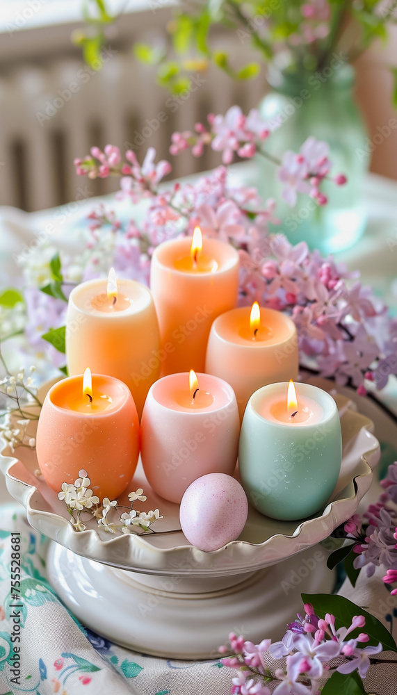 Pastel Colored Easter Candles in Egg Shapes with Spring Flowers. Celebration spring holiday Easter, Spring Equinox day, Ostara Sabbat. Pastel Colored Easter Candles in Egg Shapes with Spring Flowers. Celebration spring holiday Easter, Spring Equinox day, Ostara Sabbat.