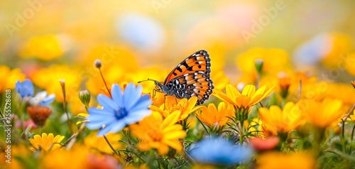 Vibrant Butterfly Perched on Sunlit Golden Blooms. Summer flowers meadow