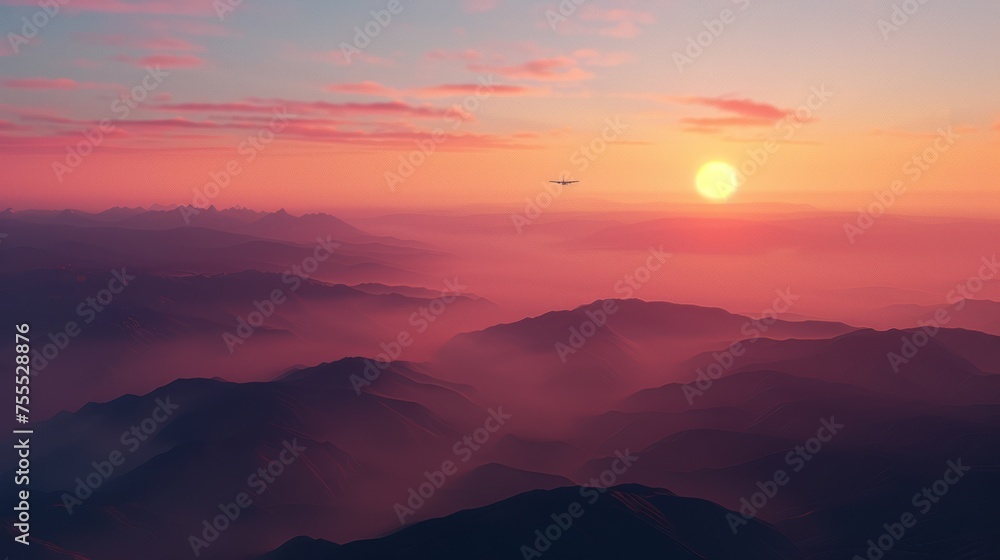Landscape image of sunset grass in summer Landscape of mountains with grass in the foreground Landscape for posters, billboards - obrazy, fototapety, plakaty 