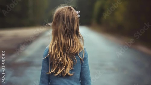 Young woman with long hair walking on the road in the forest. photo