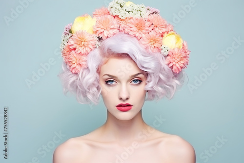 portrait of beautiful caucasian woman with hair made of wild flowers, artistic composition, brown hair