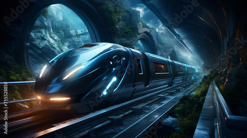 A futuristic train traveling through a tunnel  interior