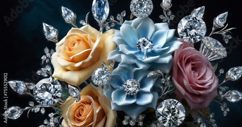 A bouquet of flowers adorned with diamonds and other precious gems. The color palette includes shades of blue, orange, and pink.