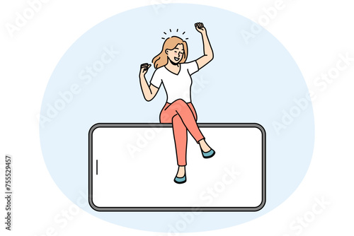 Smiling woman sitting on huge cellphone with mockup screen. Excited female client on smartphone with empty blank display. Deal or sale recommendation. Advertising. Vector illustration.