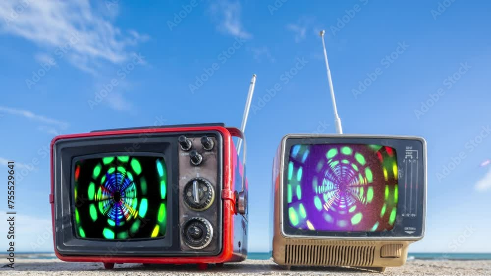 retro television and graphic equlaisers on the screen on a beach retro television and graphic equlaisers on the screen on a beach