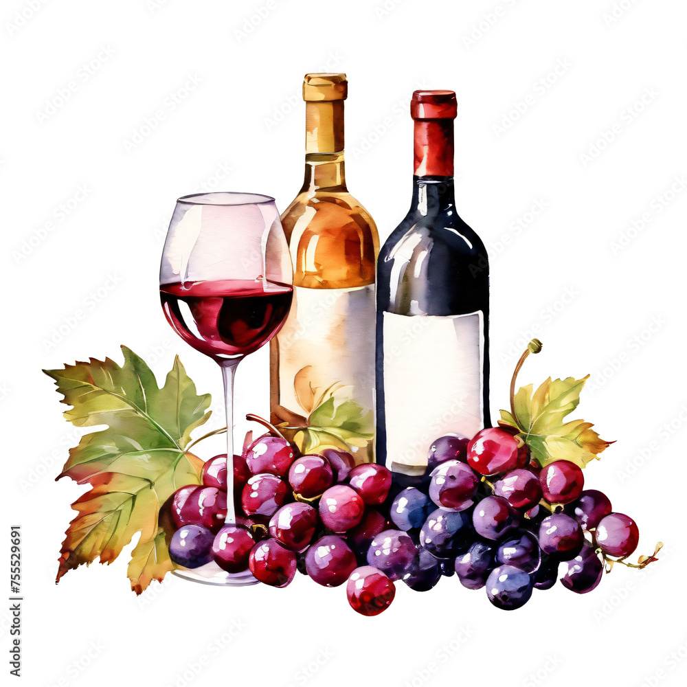 Wine bottle, wine glass, grape watercolor style with transparent background