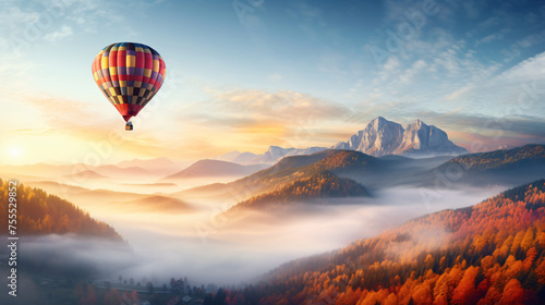 A hot air balloon is flying over foggy mountains high © Gefer