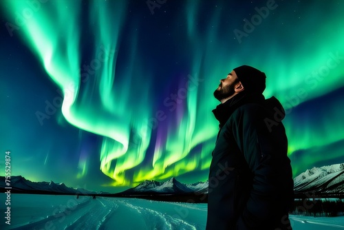 Aurora borealis above the snow covered mountain range in europe. Northern lights in winter. Night landscape with green polar lights and snowy mountains and a man is enjoying that