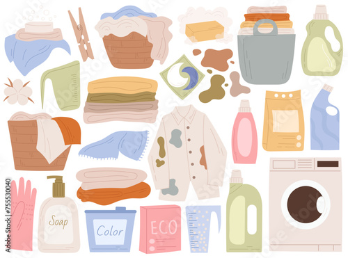 Laundry isolated set with washing machine, dirty and clean clothes, hygiene equipment and supplies