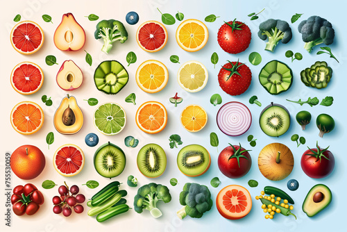 Array of sliced fruits and vegetables on a light background