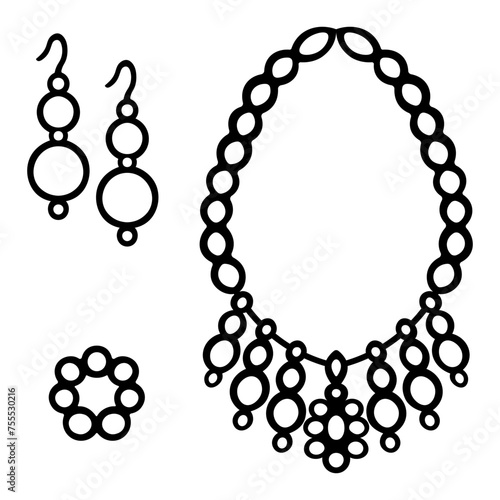 Set of decorations. Sketch. Collection of vector illustrations. A bracelet, a pair of long earrings, a necklace made of dangling beads and a flower in the center. Precious pearl products. 