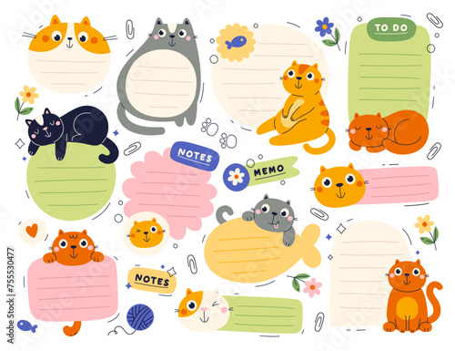 Cute cat domestic pet animal and dairy, notes, memo, planner stickers template isolated set