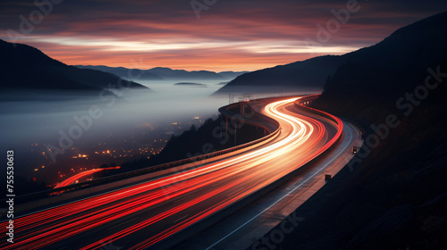 A long exposure photo of a highway at night. interior