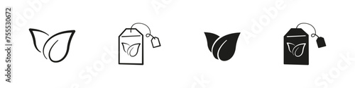 Tea leaf and bag vector icon. Teabag and leaves icons.