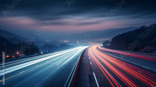 A long exposure photo of a highway at night.  interior