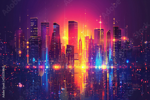 Neon-lit urban skyline reflecting in water with digital elements