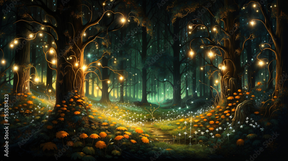 A magical forest with glowing trees  interior
