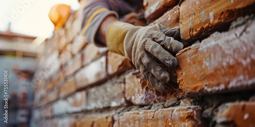 Closeup Hands Adjusting Bricks in Wall. Worker's hand placing a brick on a crumbling wall. photo
