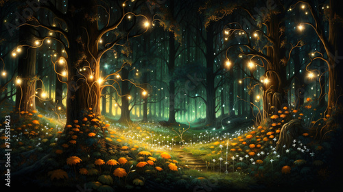 A magical forest with glowing trees interior