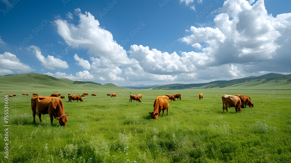 Cattle grazing in a vast green pasture background Cattle grazing in a vast green pasture background