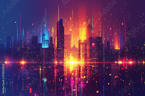 Futuristic cityscape with digital neon lights