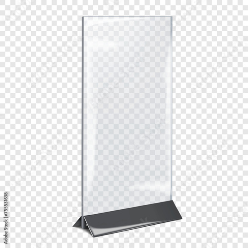 Table tent. Clear countertop pop banner stand. Realistic mockup. Desktop promo graphic holder vector mock-up. Blank transparent counter display template photo