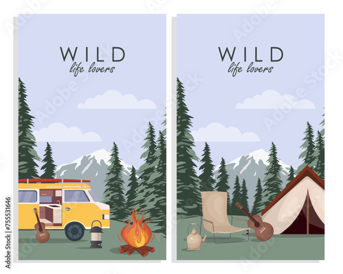 Set of vertical banners Summer camping, forest life, vacation