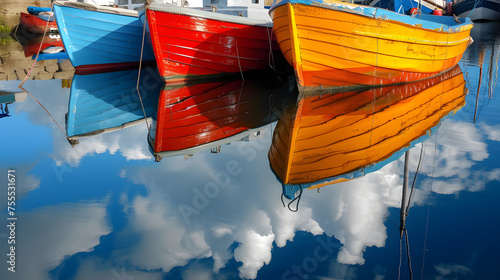 Boats reflected on the surface of a river background photo