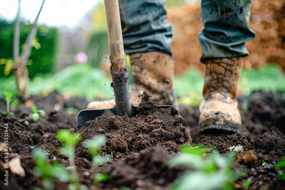 Catch the essence of gardening with this close-up shot of a shovel diving into the fertile soil, showcasing the act of planting Catch the essence of gardening with this close-up shot of a shovel diving into the fertile soil, showcasing the act of planting