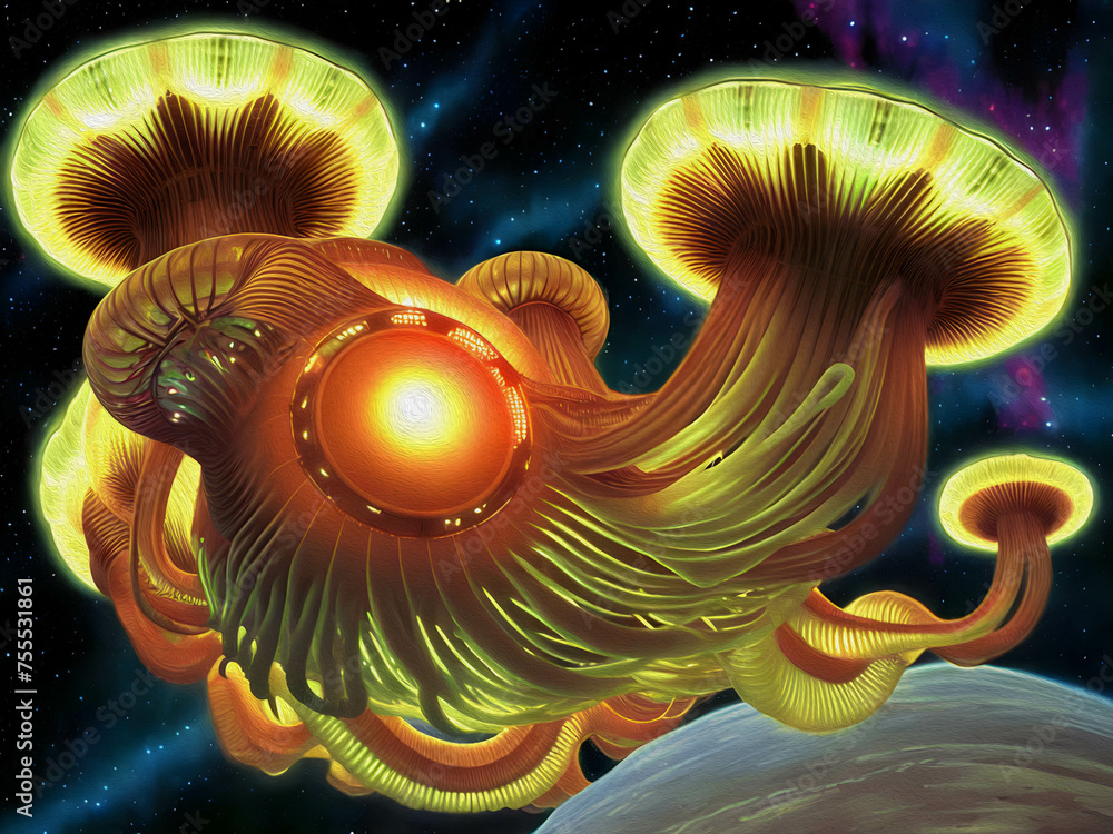 Bio-engineered Jellyfish Bioship, Oil Painting