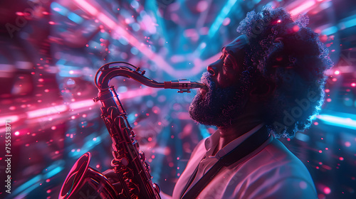 Jazz Saxophonist Engulfed in Neon Lights Performance photo